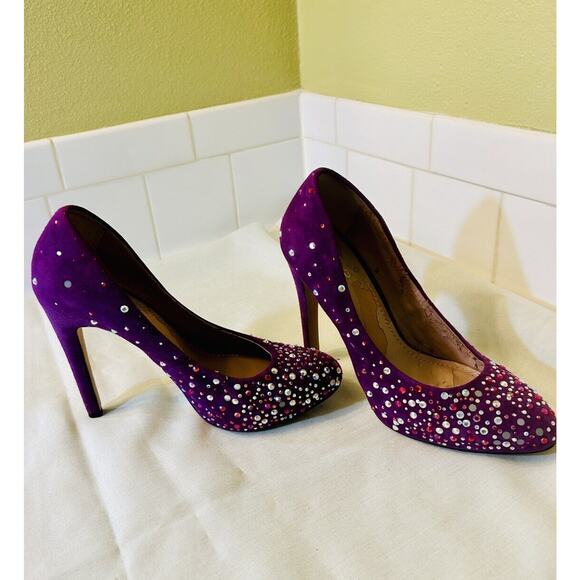 Vince Camuto’s Purple Rhinestone Studded Heels Suede - Picture 4 of 9